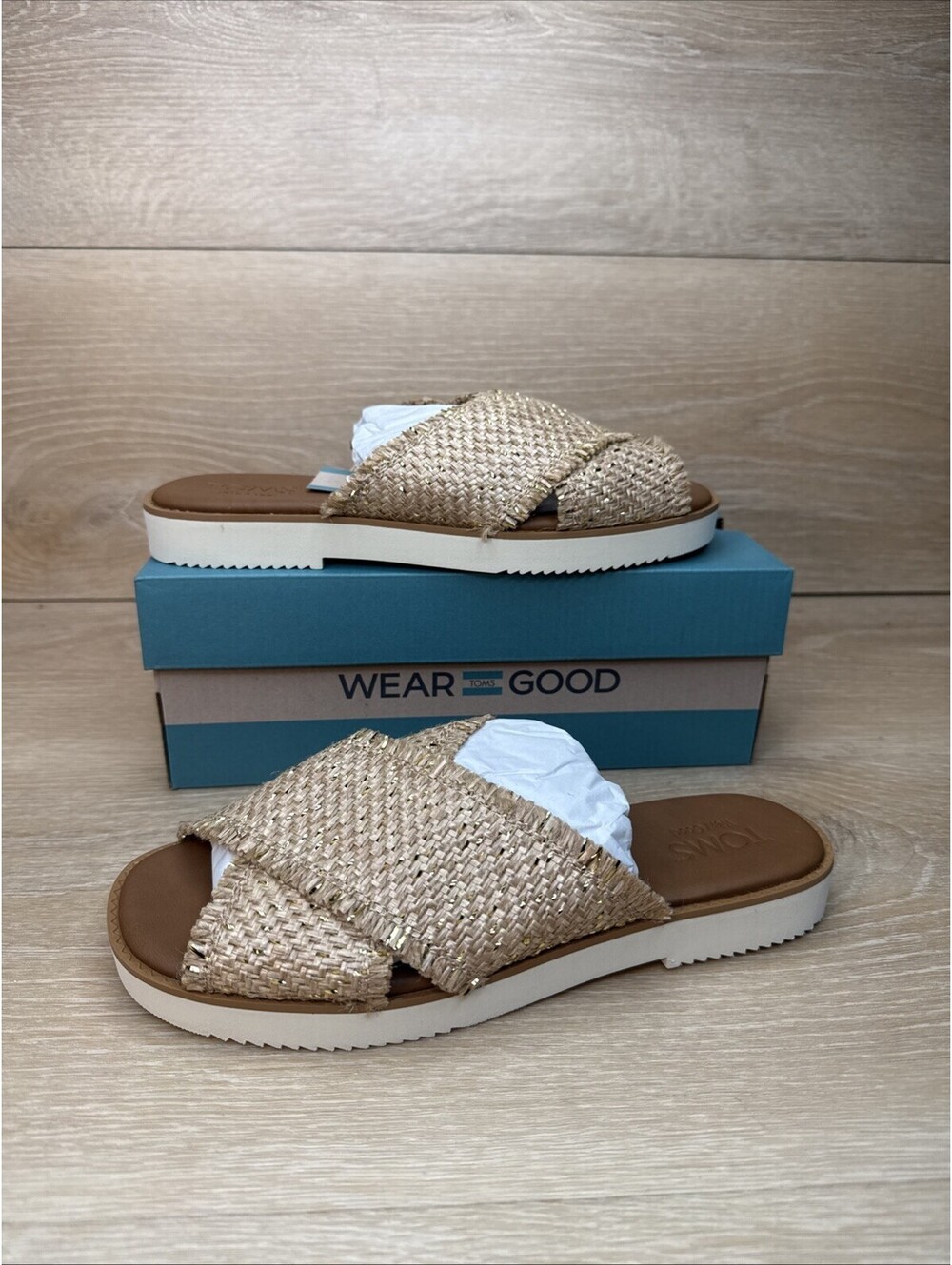 Tom’s Mae Crossover Slide Sandal Natural Metallic Raffia Size 7 Woman’s